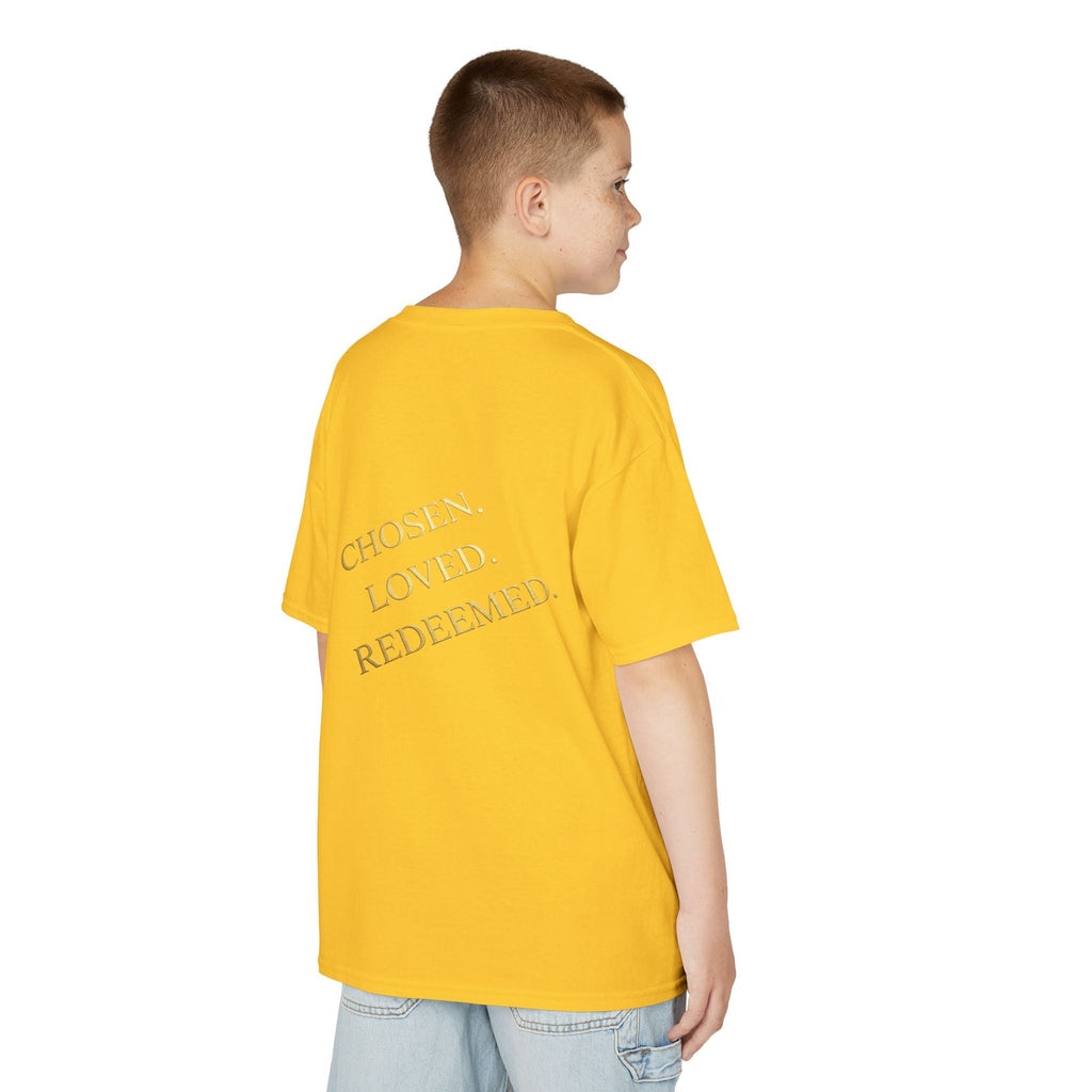 ✨ Chosen. Loved. Redeemed. – Elegant Christian Kids T-Shirt | Gold Foil Faith Tee | Subtle Cross & Heart Design | Inspirational Bible Verse Apparel by Uplifted Gear Printify
