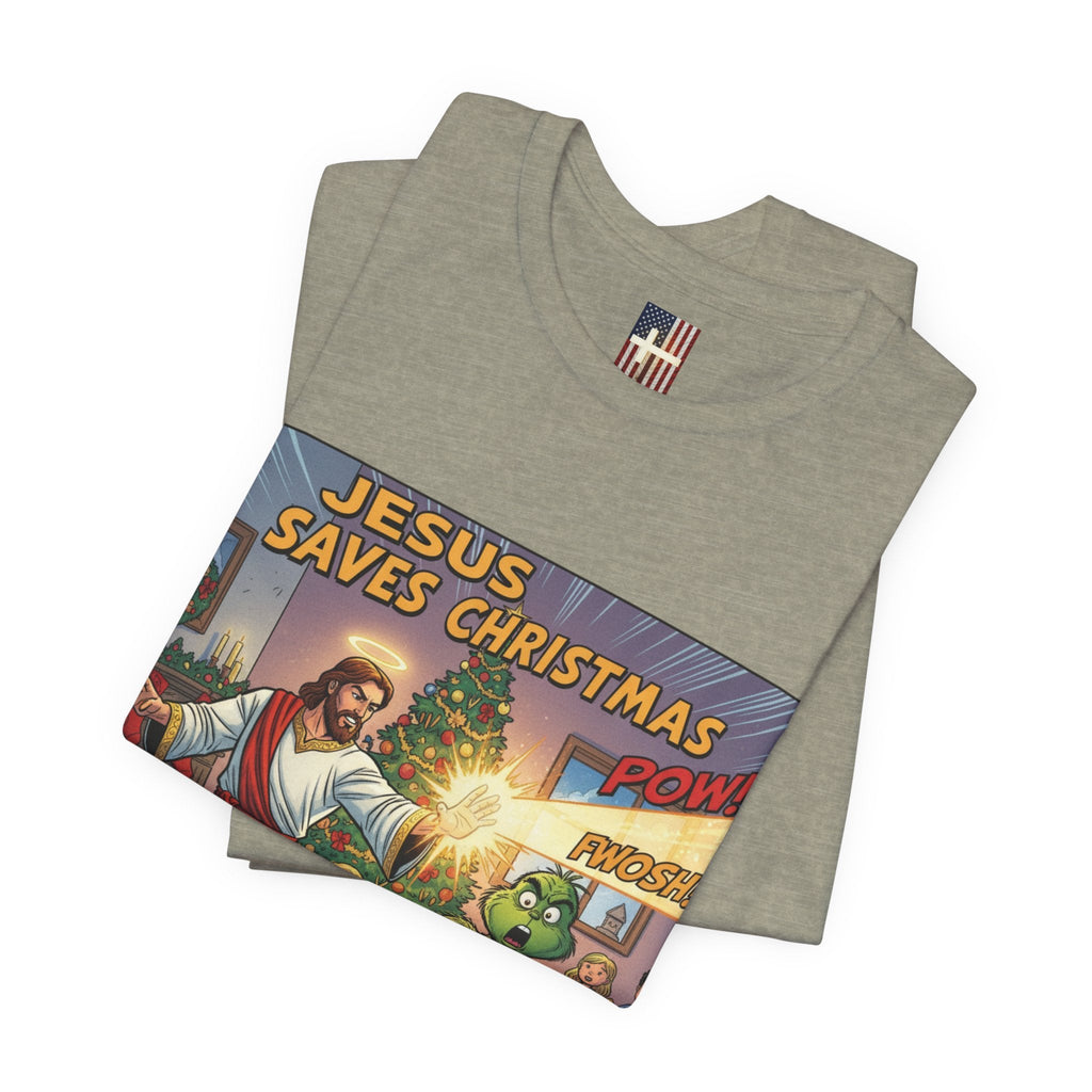 Jesus Saves Christmas T-shirt – Grinch vs Savior Light Battle Christian T-shirt for Hilarious Holiday Faith & True Joy Printify
