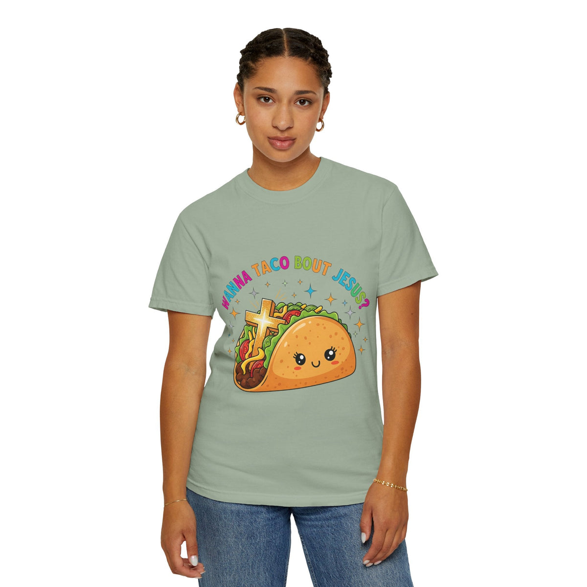 Wanna Taco 'Bout Jesus? Funny Christian Pun T-Shirt – Lettuce Pray & Share Faith! Printify