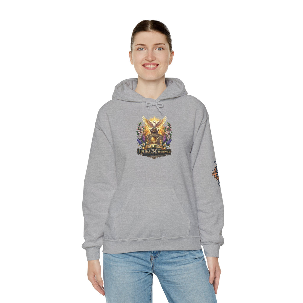 He Is Risen "Life Has Triumphed" Hoodie — Easter Resurrection Christian Hoodie Printify