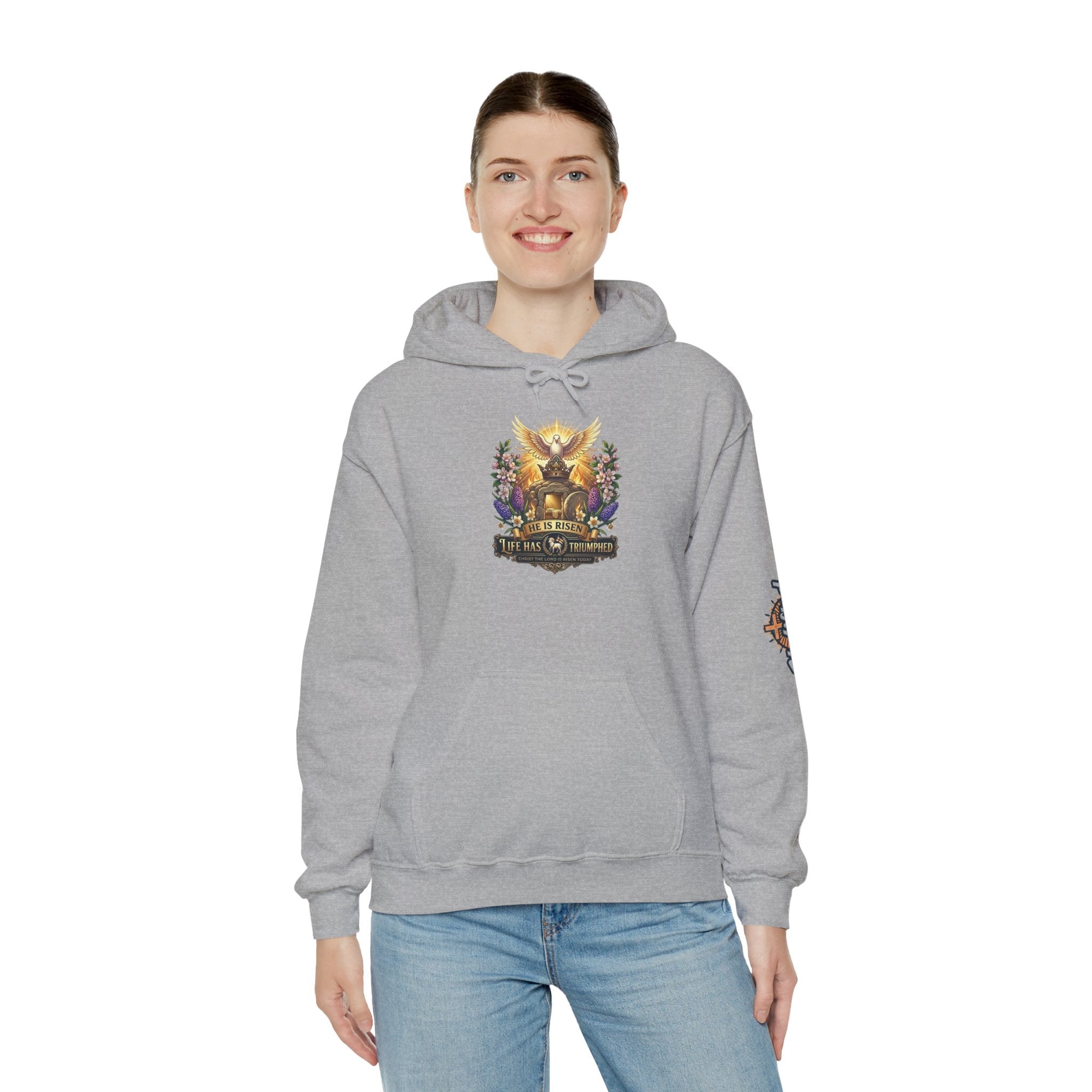 He Is Risen "Life Has Triumphed" Hoodie — Easter Resurrection Christian Hoodie Printify