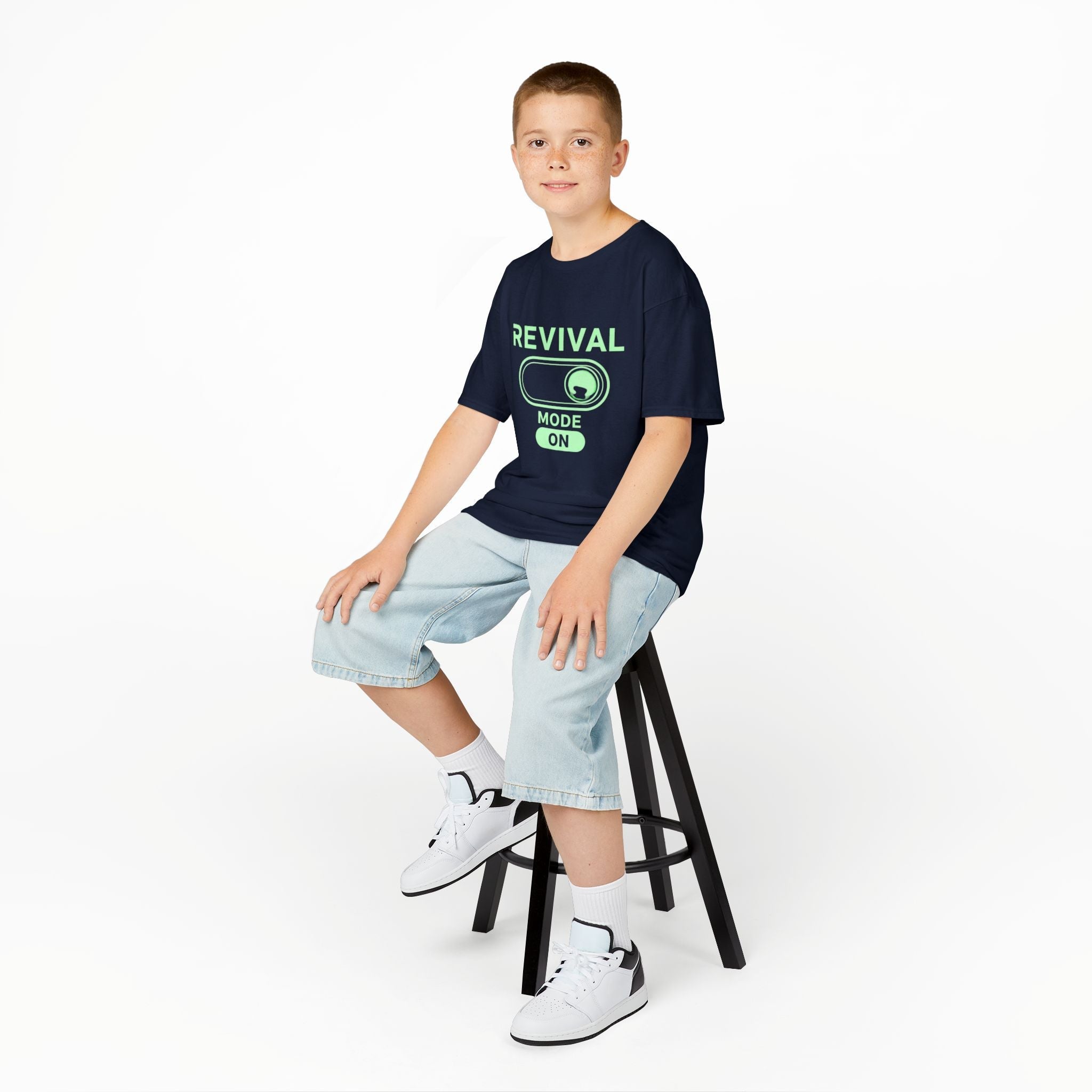 🔥 Revival Mode: ON – Christian Techwear Kids T-Shirt | Glowing Green Faith Switch | Futuristic Jesus Shirt | Activate Your Spiritual Awakening | Uplifted Gear Printify