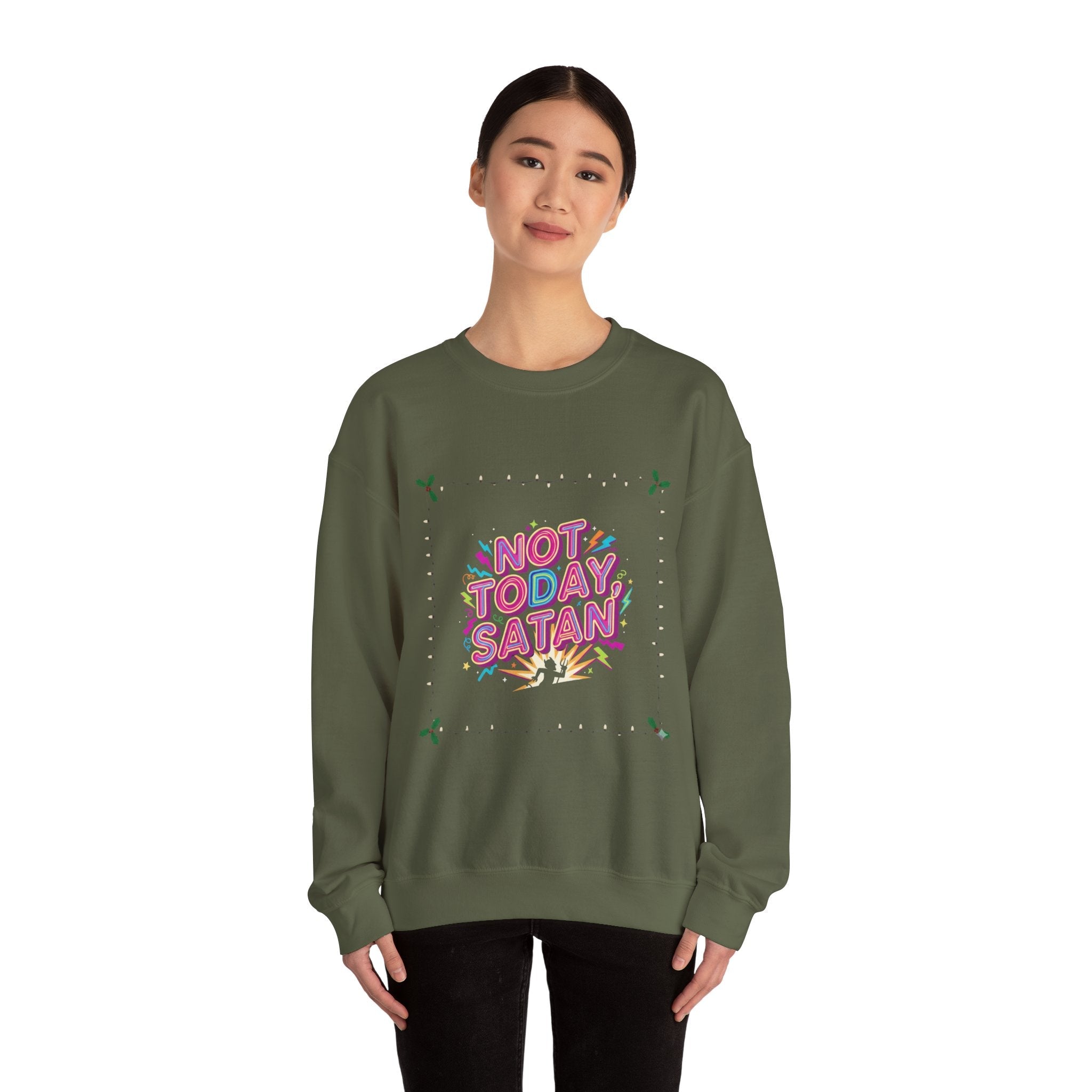 🔥 Not Today, Satan – Retro 90s Christian Sweatshirt | Neon Faith Tee | Funky Cartoon Devil | Bold Bible Verse Shirt | Uplifted Gear Printify