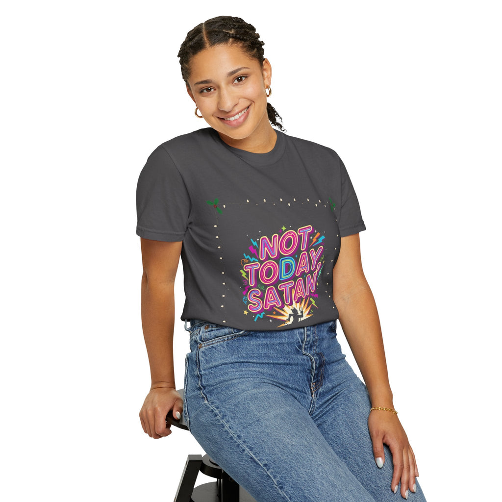 🔥 Not Today, Satan – Retro 90s Christian T-Shirt | Neon Faith Tee | Funky Cartoon Devil | Bold Bible Verse Shirt | Uplifted Gear Printify