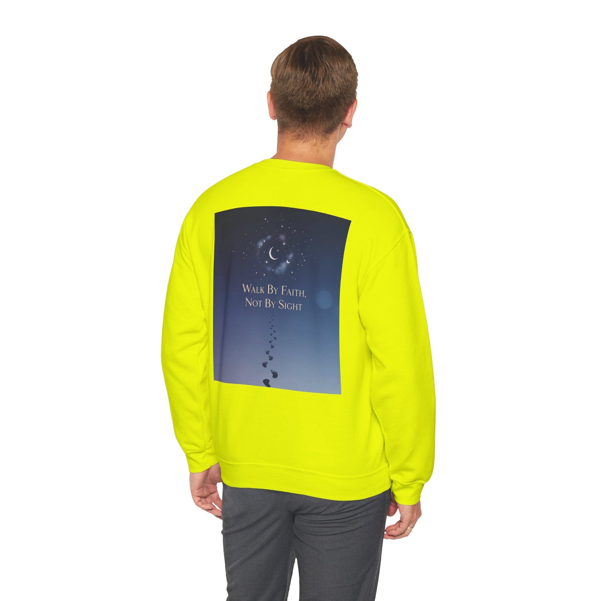 Walk by Faith, Not by Sight Sweatshirt – Moonlit Footprints Christian Sweatshirt for Cozy Nights Printify