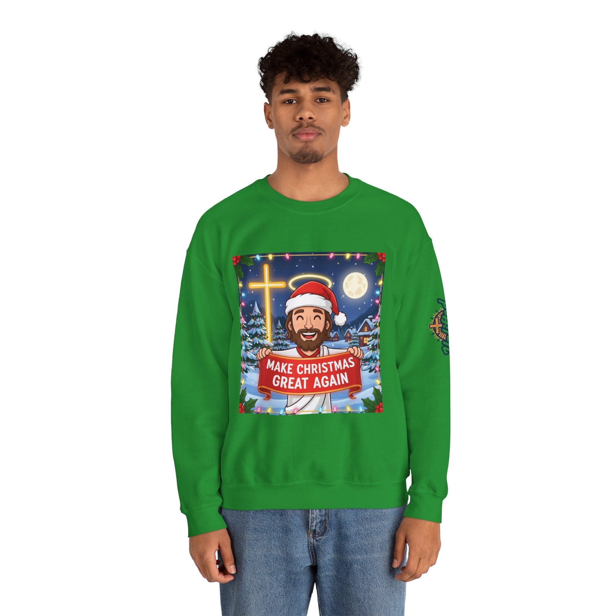 🎄 Make Christmas Great Again – Funny Christian Sweatshirt | Jesus Holding Banner | Faith-Based Holiday Parody Tee | Uplifted Gear Printify