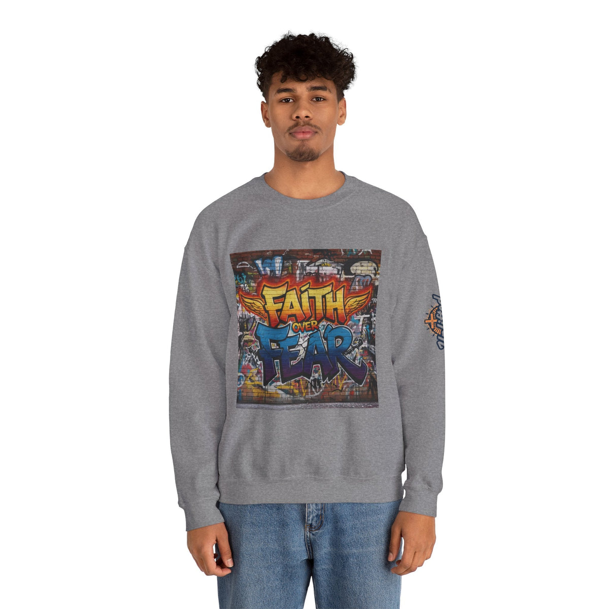 Faith Over Fear Sweatshirt – Graffiti Wall Christian Sweatshirt for Bold 2 Corinthians 5:7 Streetwear & Unshakable Faith Printify