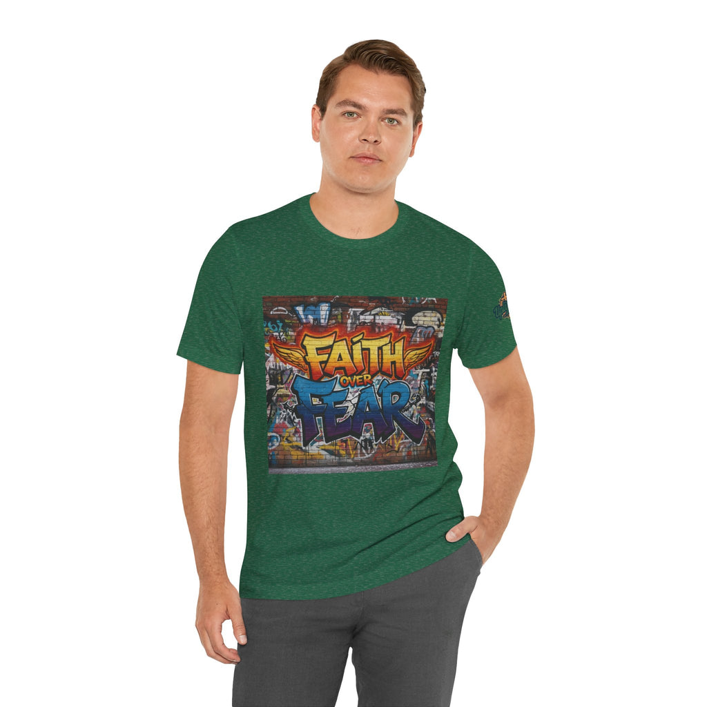 Faith Over Fear T-shirt – Graffiti Wall Christian T-shirt for Bold 2 Corinthians 5:7 Streetwear & Unshakable Faith Printify