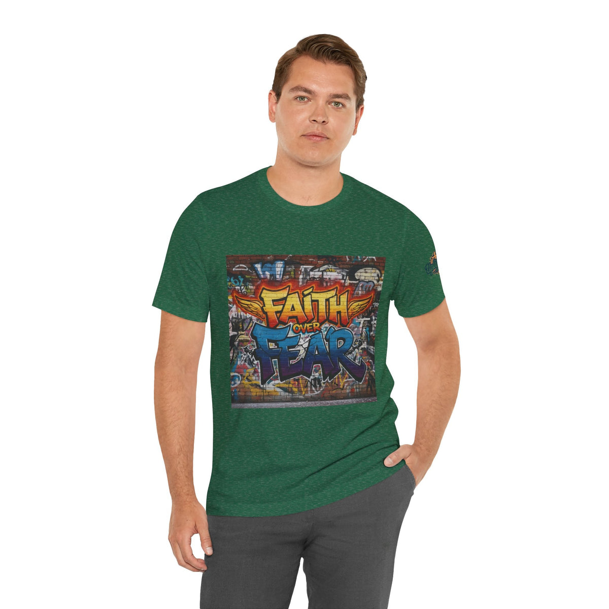 Faith Over Fear T-shirt – Graffiti Wall Christian T-shirt for Bold 2 Corinthians 5:7 Streetwear & Unshakable Faith Printify
