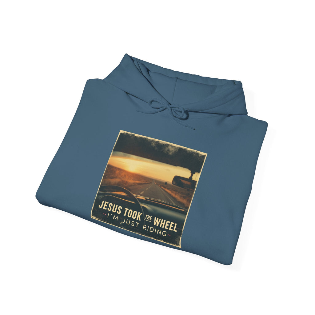 Jesus Took the Wheel I'm Just Riding Hoodie – Funny Christian Convertible Car Sweatshirt for Surrendered Faith & Humor Printify