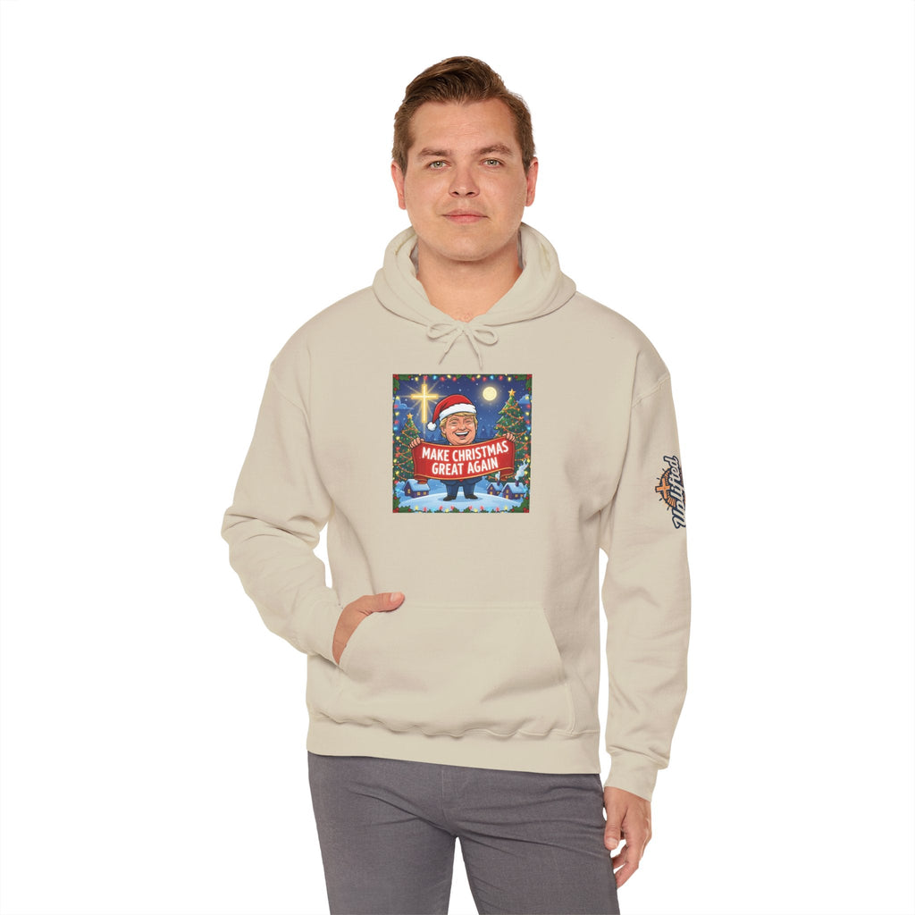 🎄 Make Christmas Great Again – Patriotic Christian Christmas Hoodie | Bold Holiday Faith Tee | Red & White Banner Design | Uplifted Gear Printify