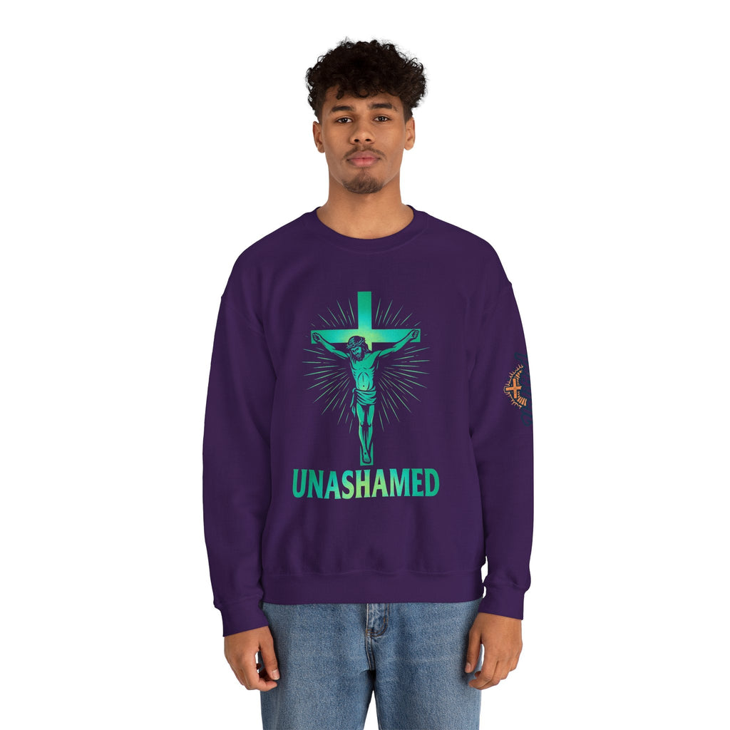 Unashamed Sweatshirt – Romans 1:16 Crucifixion Christian Sweatshirt for Bold Unwavering Faith Printify