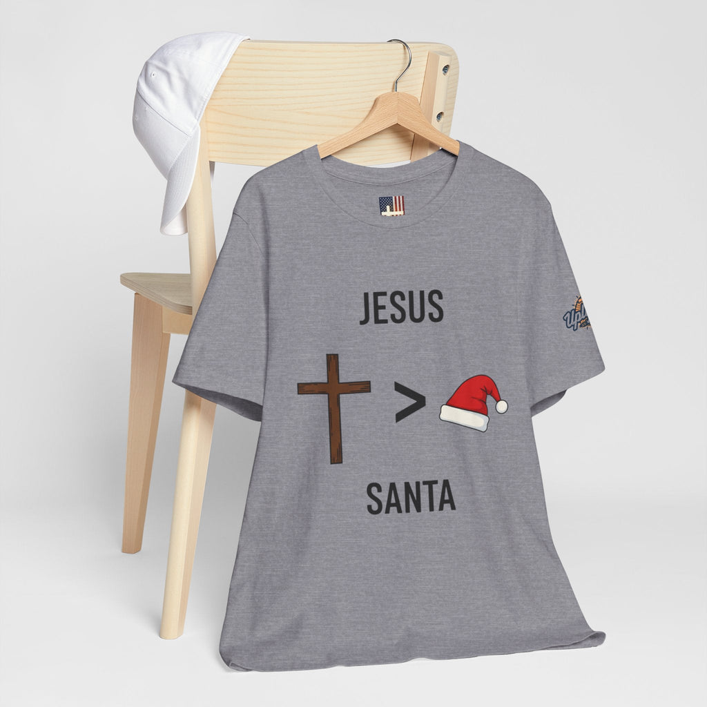 🎄 Jesus > Santa – Minimalist Christian Christmas T-Shirt | Bold Faith Over Holiday Tee | Cross vs Santa Hat Design | Uplifted Gear Printify