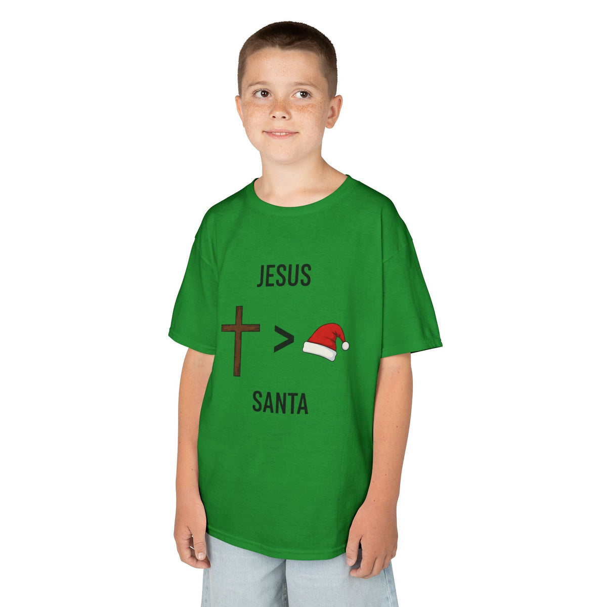 🎄 Jesus > Santa – Minimalist Christian Christmas Kids T-Shirt | Bold Faith Over Holiday Tee | Cross vs Santa Hat Design | Uplifted Gear Printify