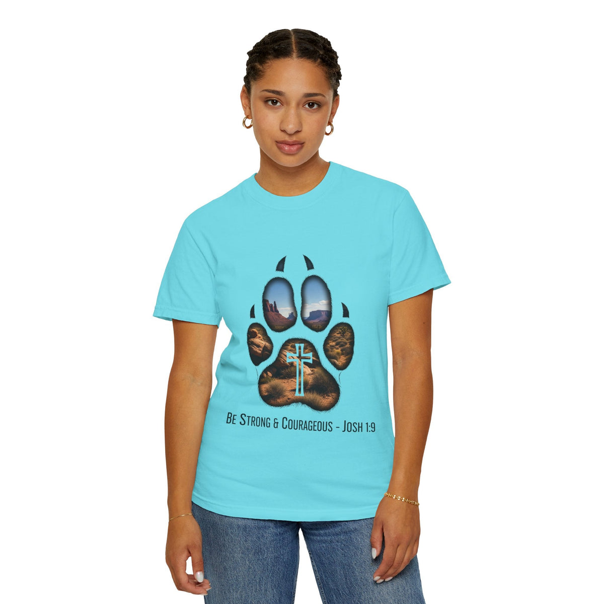 Strong and Courageous T-Shirt – Canine Pawprint Desert Joshua 1:9 Christian Tee Printify