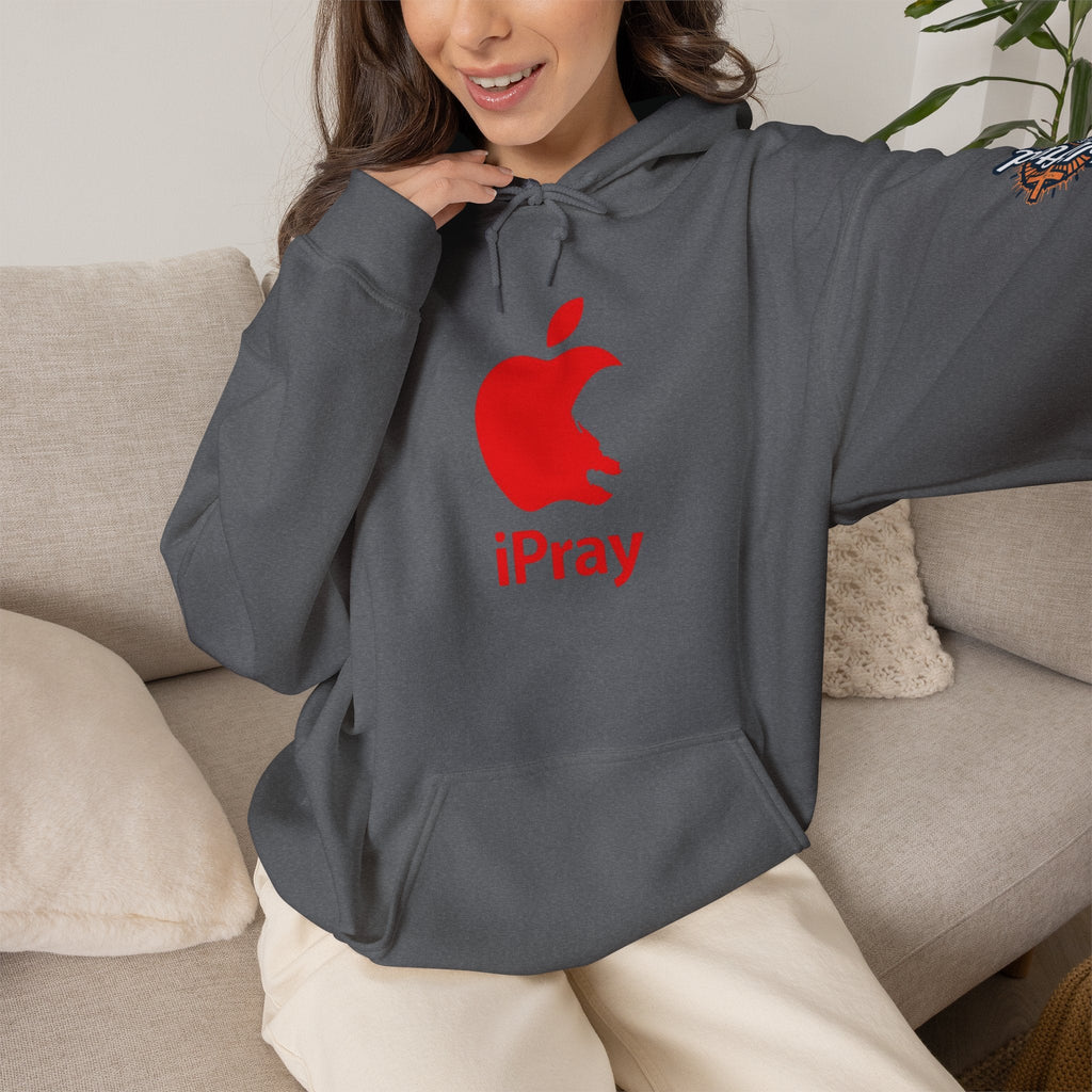 iPray Apple Logo Hoodie — Funny Christian Hoodie (Minimal Red Apple Graphic) Printify