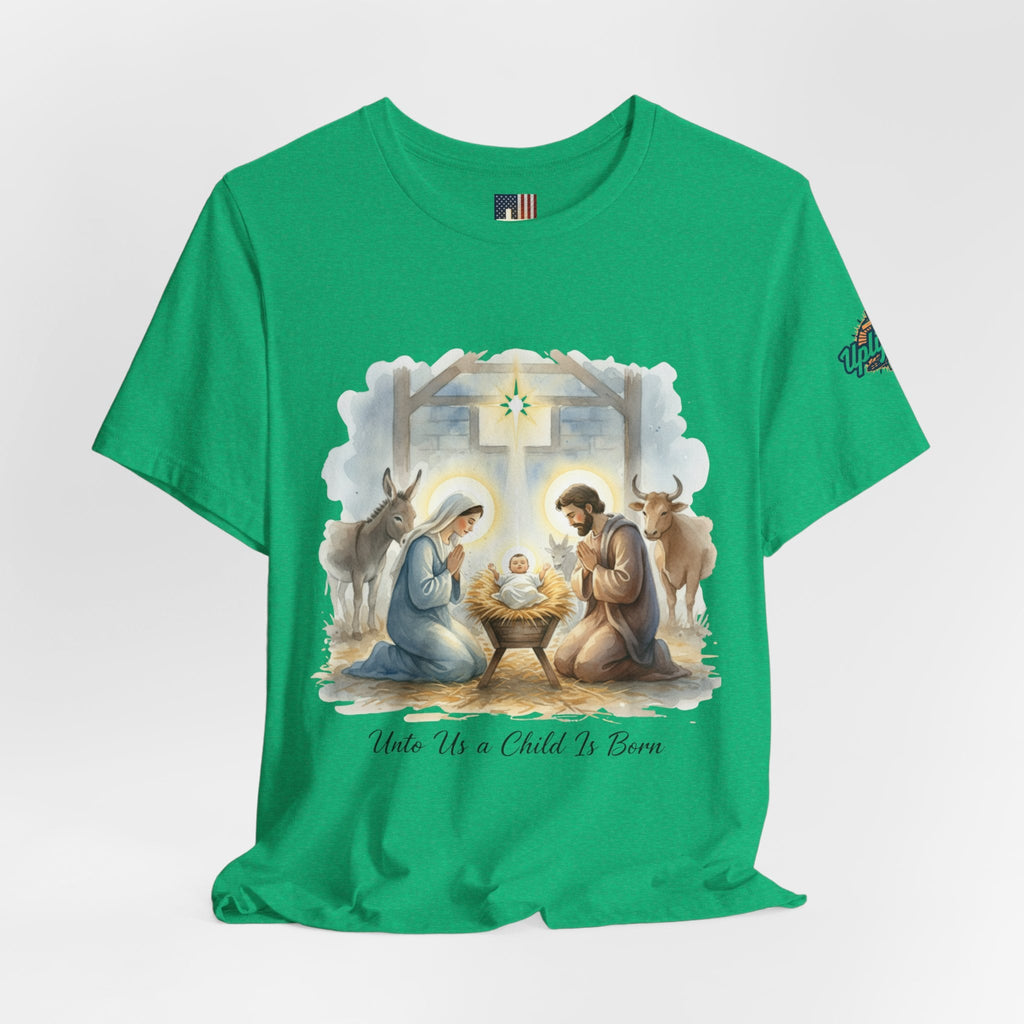 Unto Us a Child is Born T-shirt – Isaiah 9:6 Nativity Manger Scene Christian Christmas T-shirt for Holy Night Faith Printify