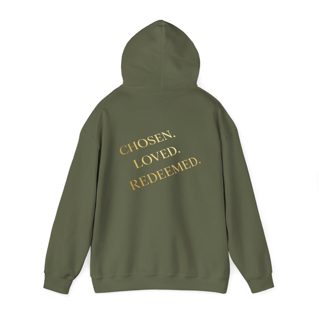 ✨ Chosen. Loved. Redeemed. – Elegant Christian Hoodie | Gold Foil Faith Tee | Subtle Cross & Heart Design | Inspirational Bible Verse Apparel by Uplifted Gear Printify