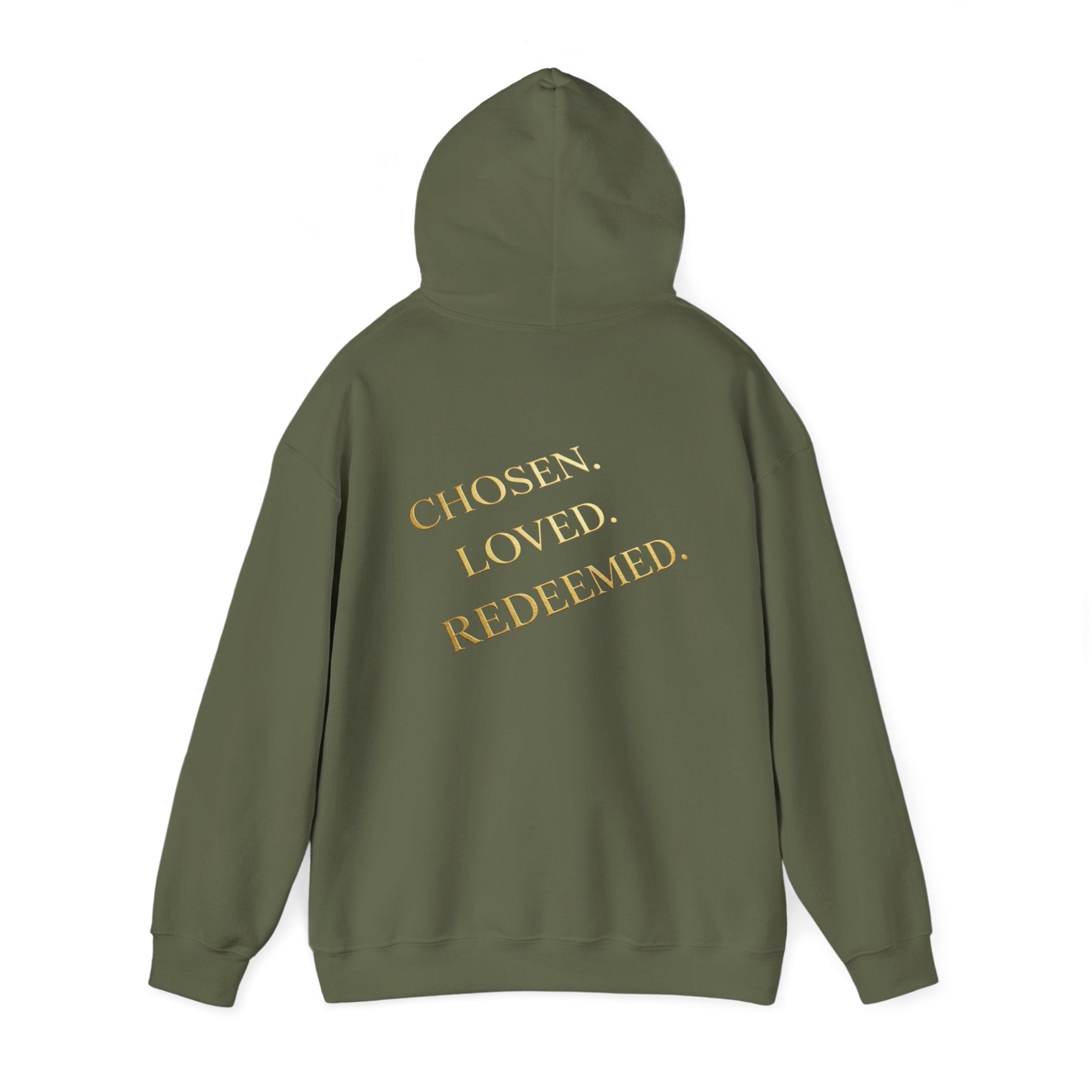 ✨ Chosen. Loved. Redeemed. – Elegant Christian Hoodie | Gold Foil Faith Tee | Subtle Cross & Heart Design | Inspirational Bible Verse Apparel by Uplifted Gear Printify
