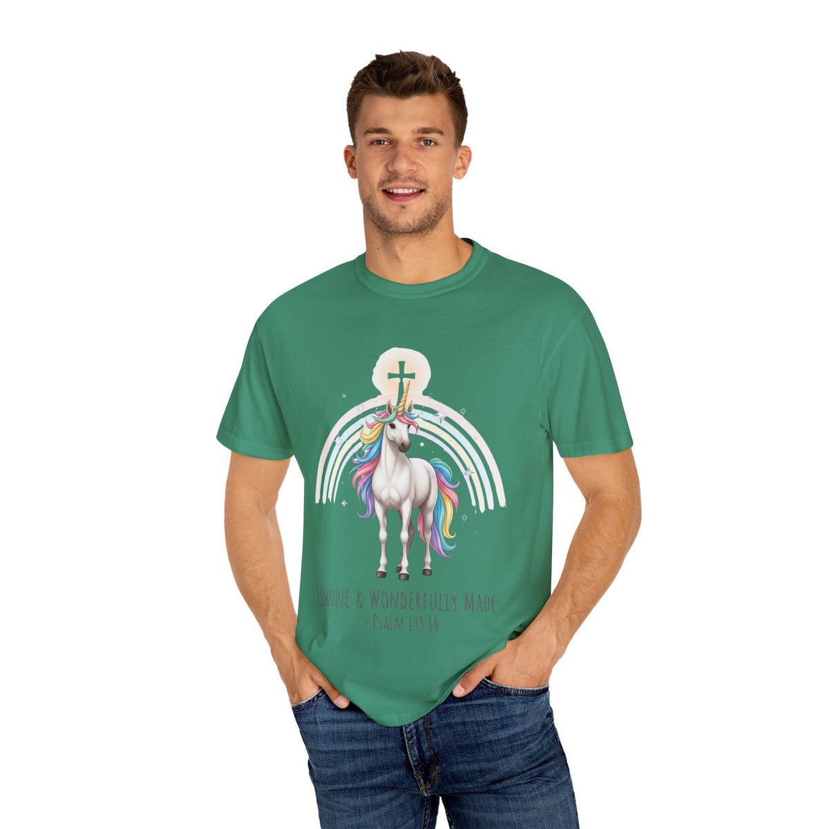 Unique Unicorn Christian T-Shirt – Wonderfully Made with Rainbow Cross & Psalm 139:14 Printify