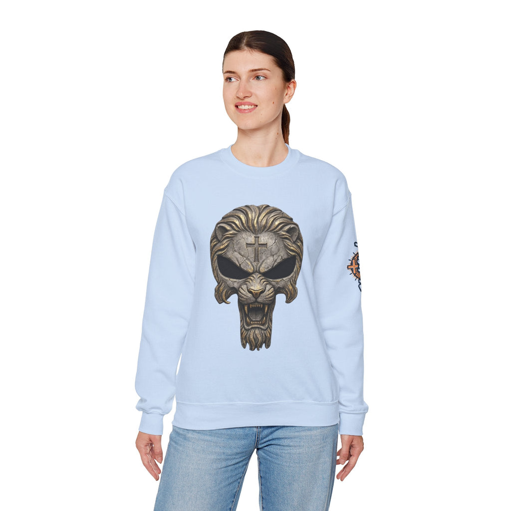 Lion of Judah Skull Christian Sweatshirt - Warrior Faith Cross Sweatshirt Printify
