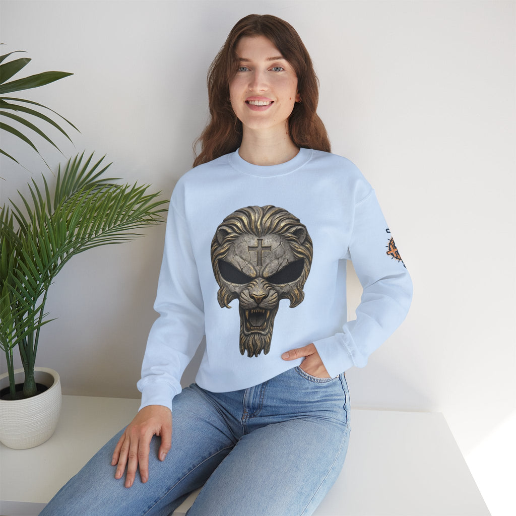 Lion of Judah Skull Christian Sweatshirt - Warrior Faith Cross Sweatshirt Printify