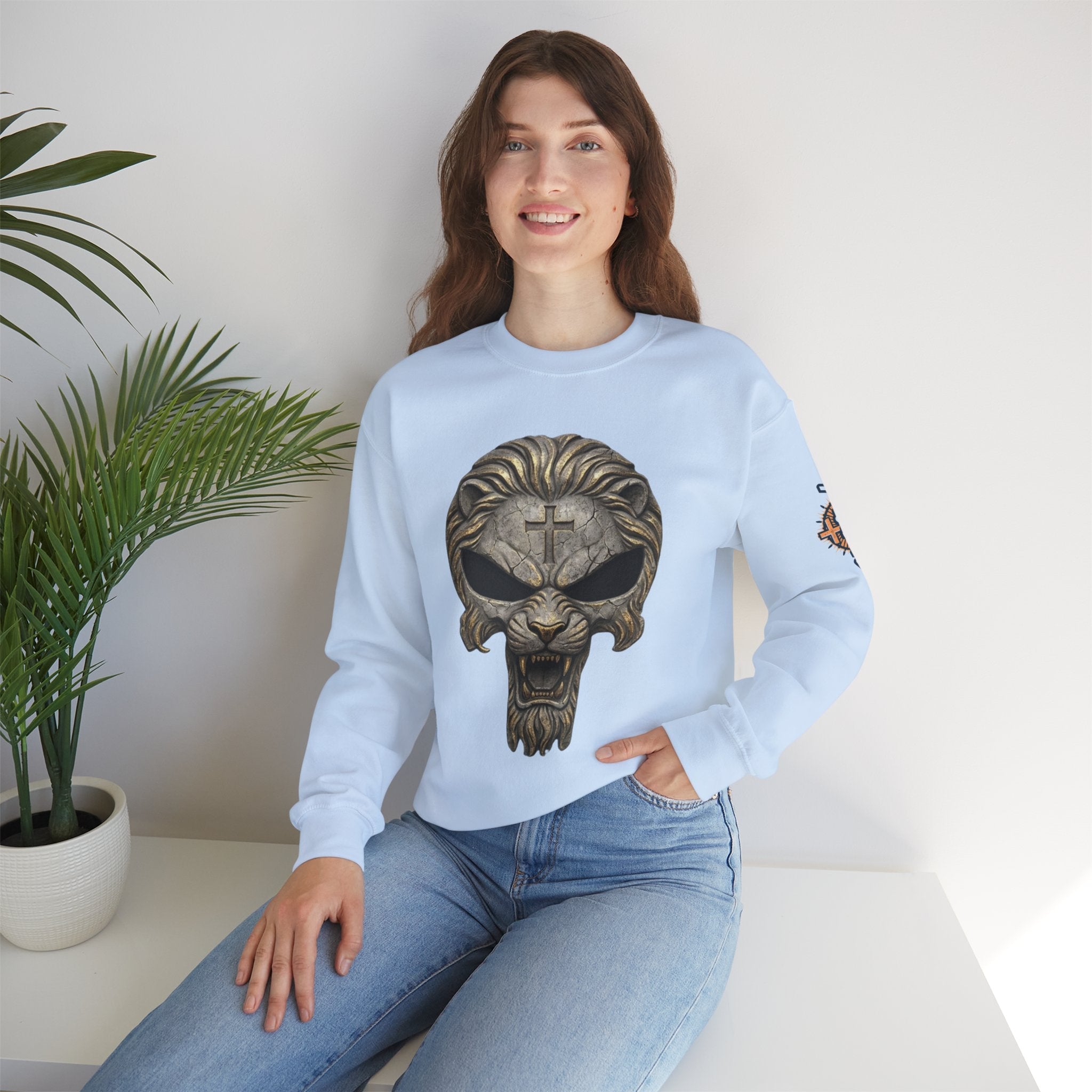 Lion of Judah Skull Christian Sweatshirt - Warrior Faith Cross Sweatshirt Printify
