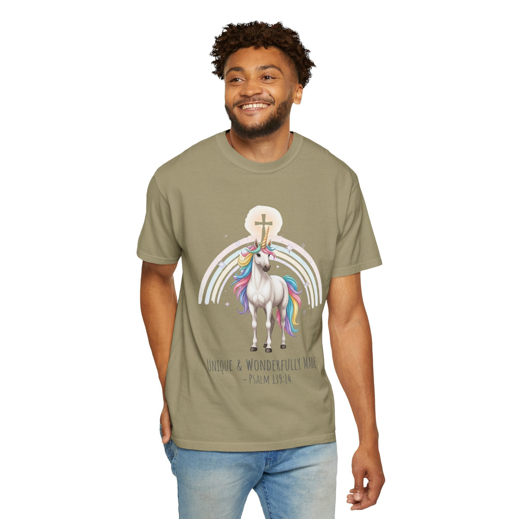 Unique Unicorn Christian T-Shirt – Wonderfully Made with Rainbow Cross & Psalm 139:14 Printify