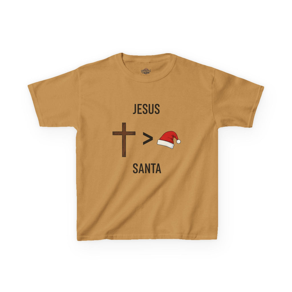 🎄 Jesus > Santa – Minimalist Christian Christmas Kids T-Shirt | Bold Faith Over Holiday Tee | Cross vs Santa Hat Design | Uplifted Gear Printify