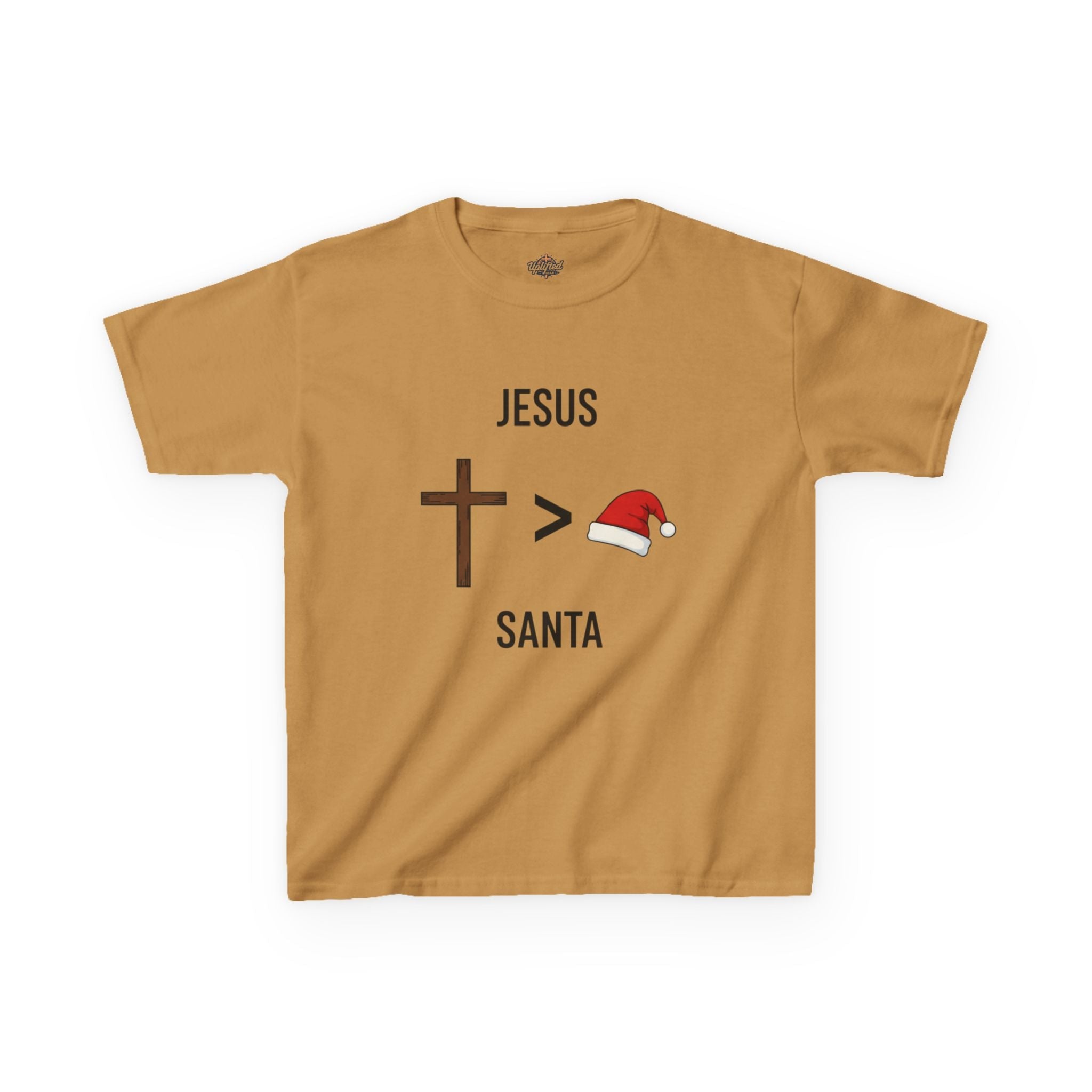 🎄 Jesus > Santa – Minimalist Christian Christmas Kids T-Shirt | Bold Faith Over Holiday Tee | Cross vs Santa Hat Design | Uplifted Gear Printify