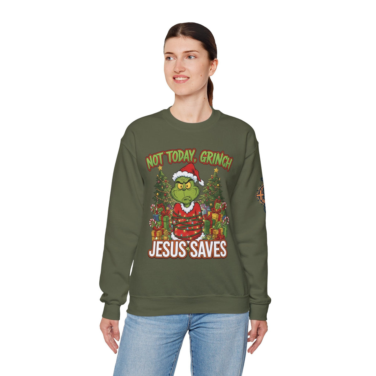 🎄 Not Today, Grinch – Jesus Saves | Funny Christian Christmas Sweatshirt | Sulking Grinch & Glowing Cross | Bold Neon Faith Tee by Uplifted Gear Printify