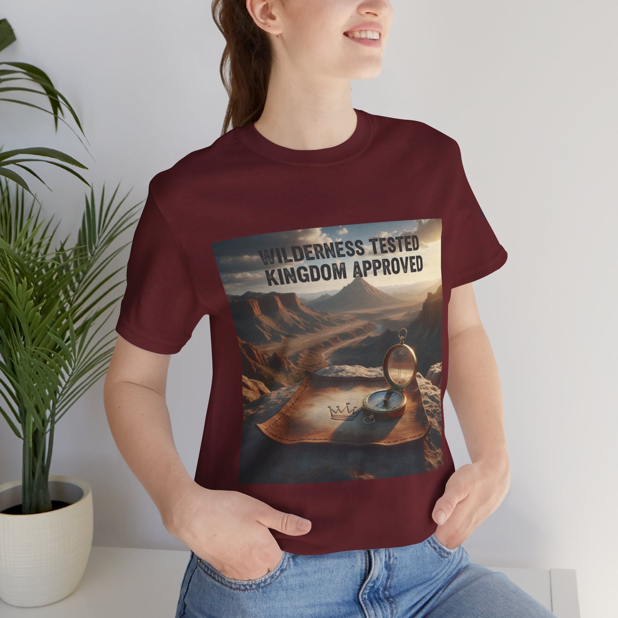 Wilderness Tested Kingdom Approved T-shirt – Mountain Desert Compass Crown Christian T-shirt for Biblical Adventure Faith Printify
