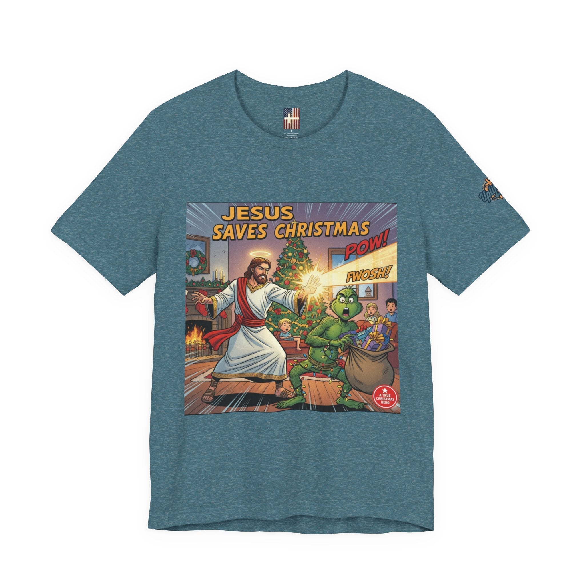 Jesus Saves Christmas T-shirt – Grinch vs Savior Light Battle Christian T-shirt for Hilarious Holiday Faith & True Joy Printify