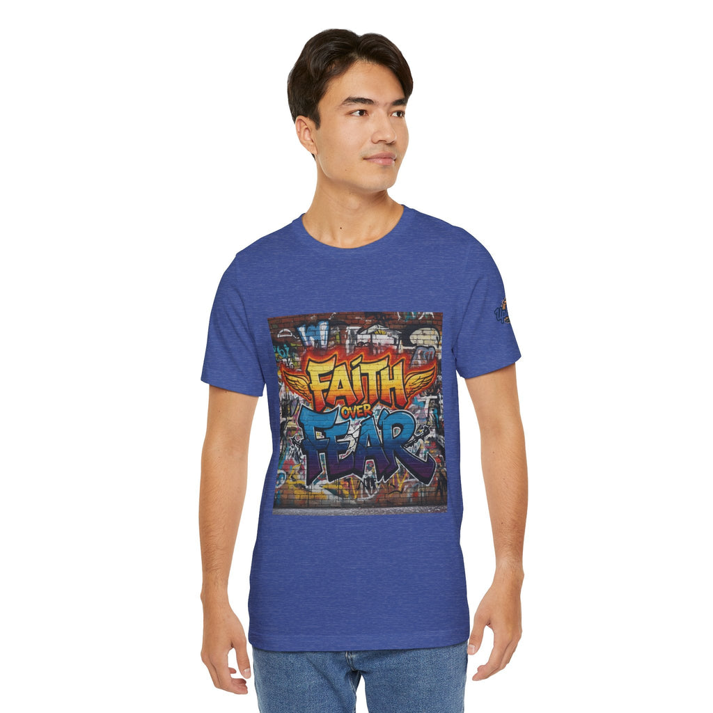 Faith Over Fear T-shirt – Graffiti Wall Christian T-shirt for Bold 2 Corinthians 5:7 Streetwear & Unshakable Faith Printify