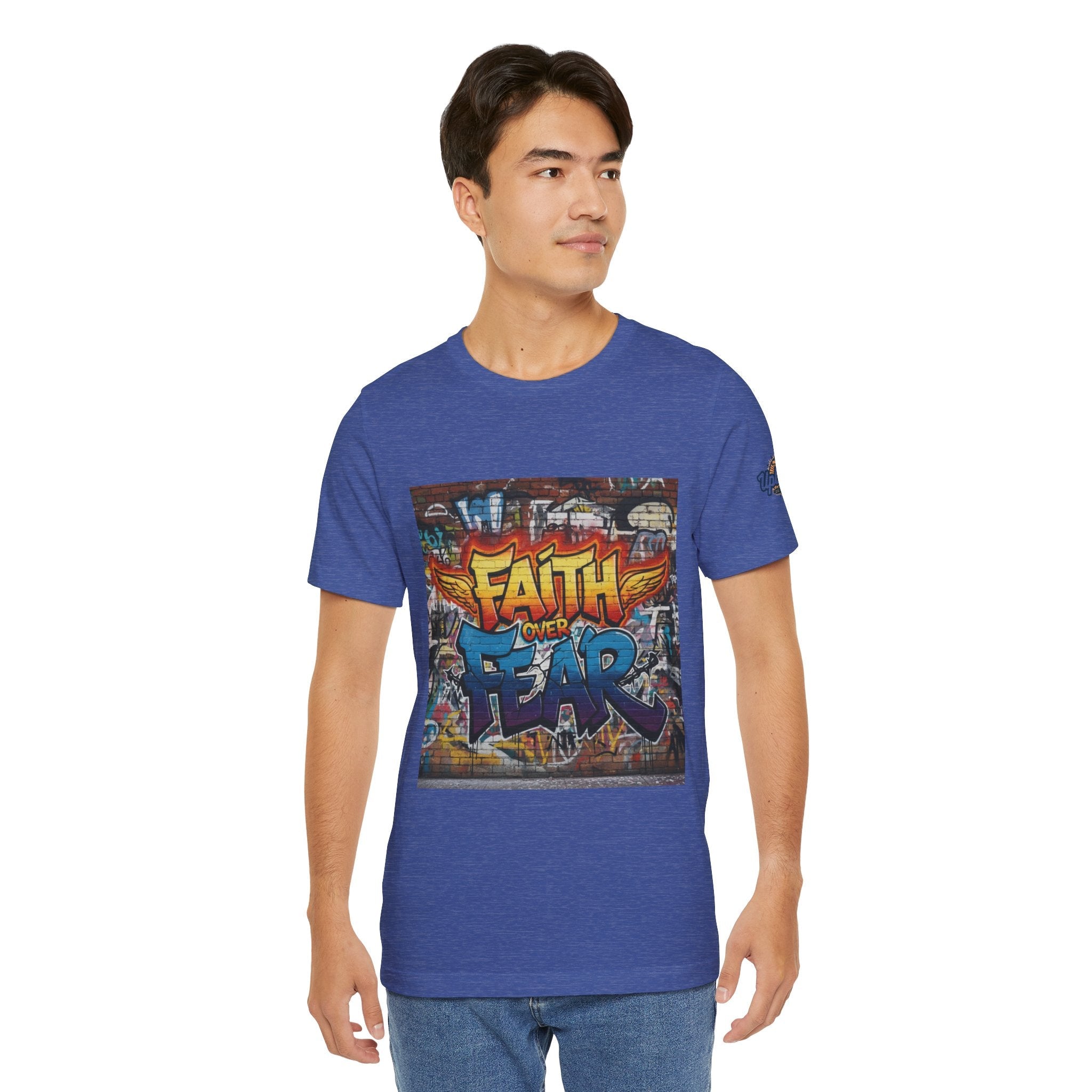 Faith Over Fear T-shirt – Graffiti Wall Christian T-shirt for Bold 2 Corinthians 5:7 Streetwear & Unshakable Faith Printify