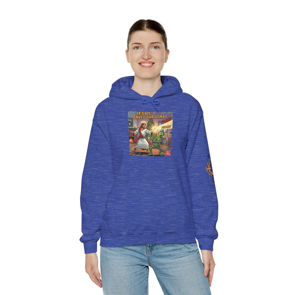 Jesus Saves Christmas Hoodie – Grinch vs Savior Light Battle Christian Sweatshirt for Hilarious Holiday Faith & True Joy Printify