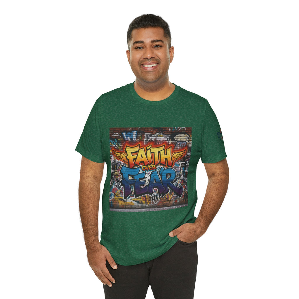 Faith Over Fear T-shirt – Graffiti Wall Christian T-shirt for Bold 2 Corinthians 5:7 Streetwear & Unshakable Faith Printify