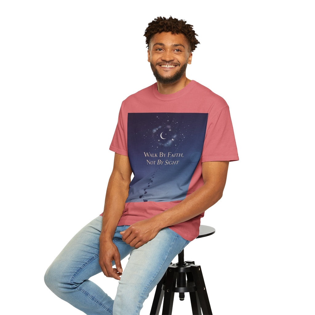 Walk by Faith, Not by Sight T-Shirt – Footprints in the Sand Christian Moonlit Tee Printify
