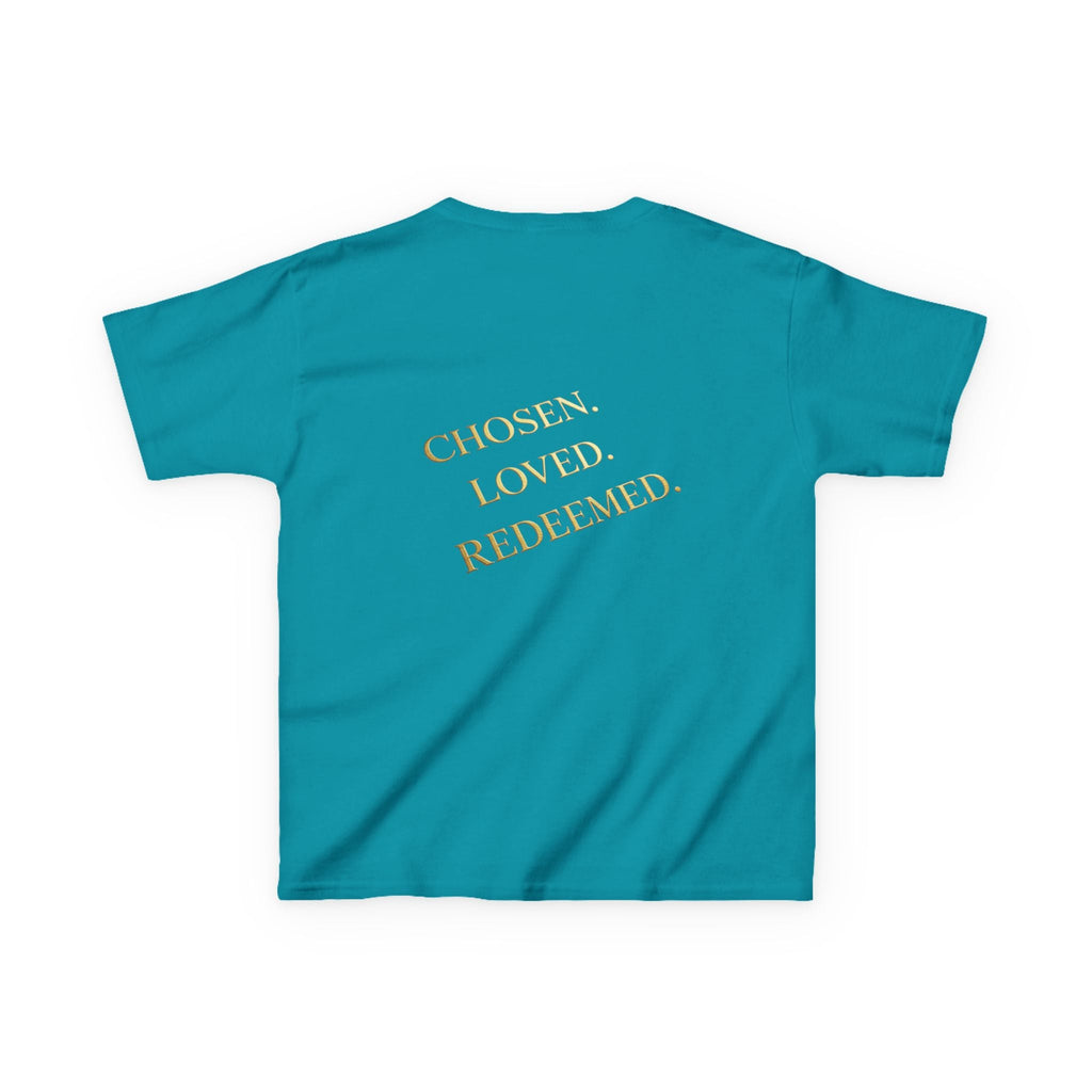 ✨ Chosen. Loved. Redeemed. – Elegant Christian Kids T-Shirt | Gold Foil Faith Tee | Subtle Cross & Heart Design | Inspirational Bible Verse Apparel by Uplifted Gear Printify