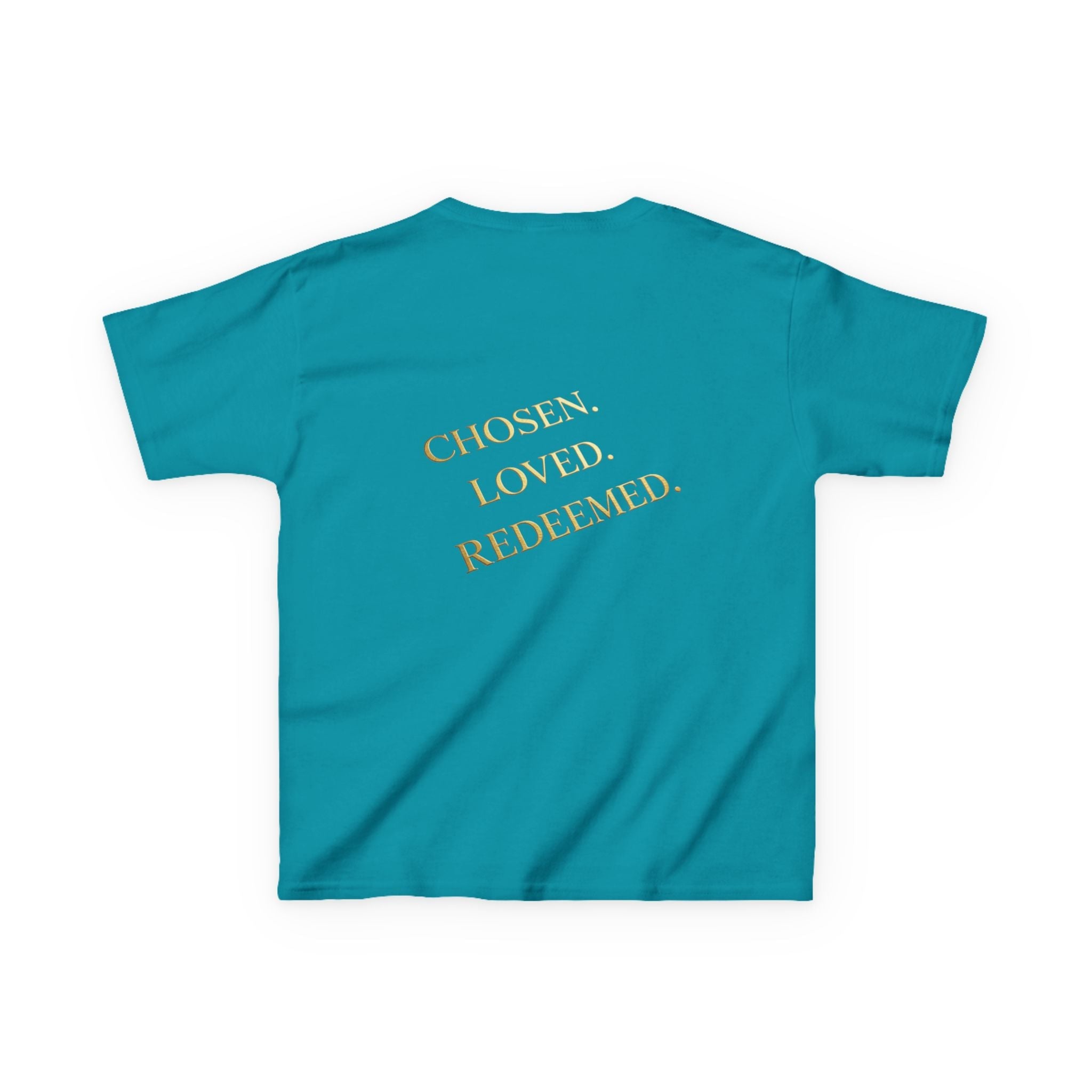 ✨ Chosen. Loved. Redeemed. – Elegant Christian Kids T-Shirt | Gold Foil Faith Tee | Subtle Cross & Heart Design | Inspirational Bible Verse Apparel by Uplifted Gear Printify