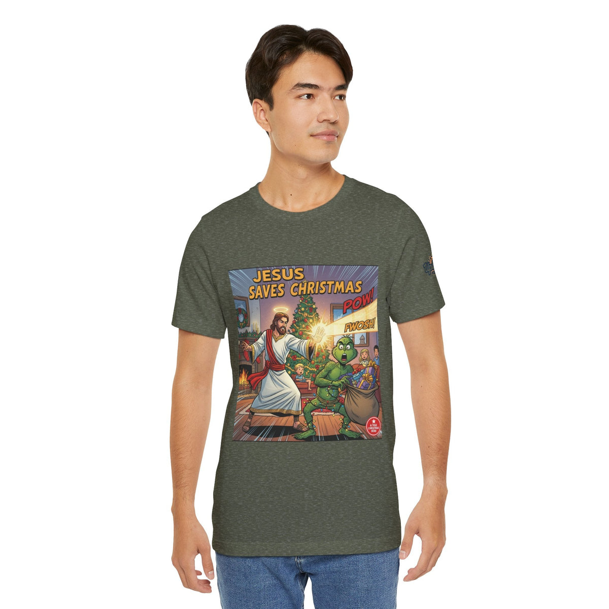 Jesus Saves Christmas T-shirt – Grinch vs Savior Light Battle Christian T-shirt for Hilarious Holiday Faith & True Joy Printify
