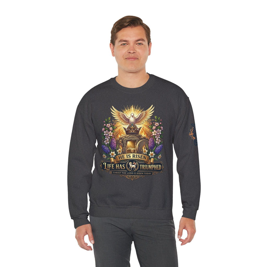 He Is Risen "Life Has Triumphed" Sweatshirt — Easter Resurrection Christian Sweatshirt Printify