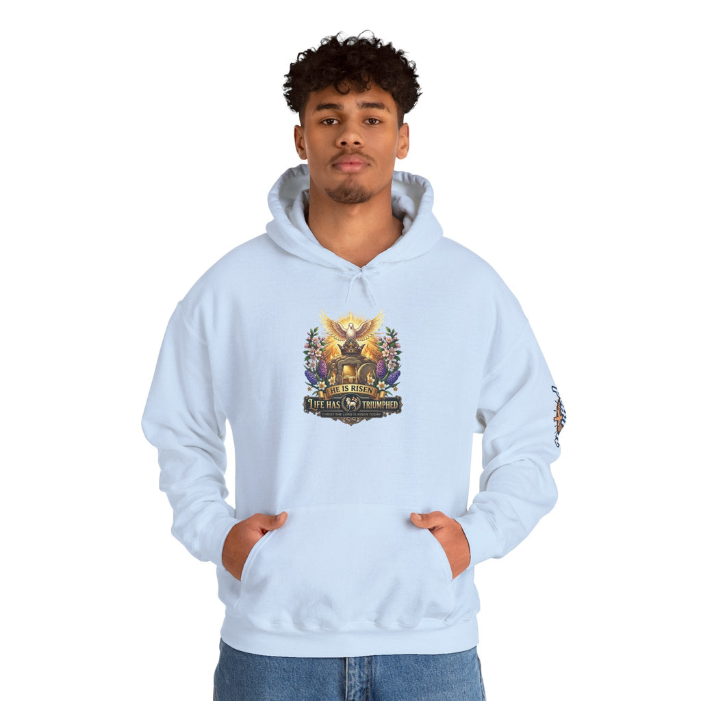 He Is Risen "Life Has Triumphed" Hoodie — Easter Resurrection Christian Hoodie Printify