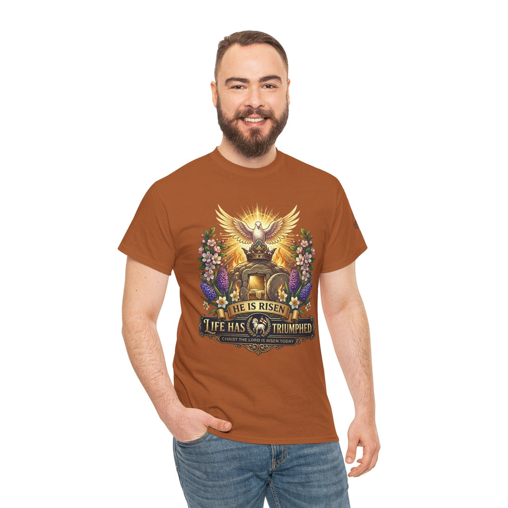 He Is Risen "Life Has Triumphed" T-Shirt — Easter Resurrection Christian Tee Printify