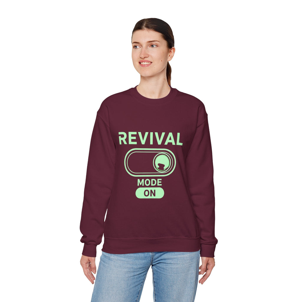 🔥 Revival Mode: ON – Christian Techwear Sweatshirt | Glowing Green Faith Switch | Futuristic Jesus Shirt | Activate Your Spiritual Awakening | Uplifted Gear Printify