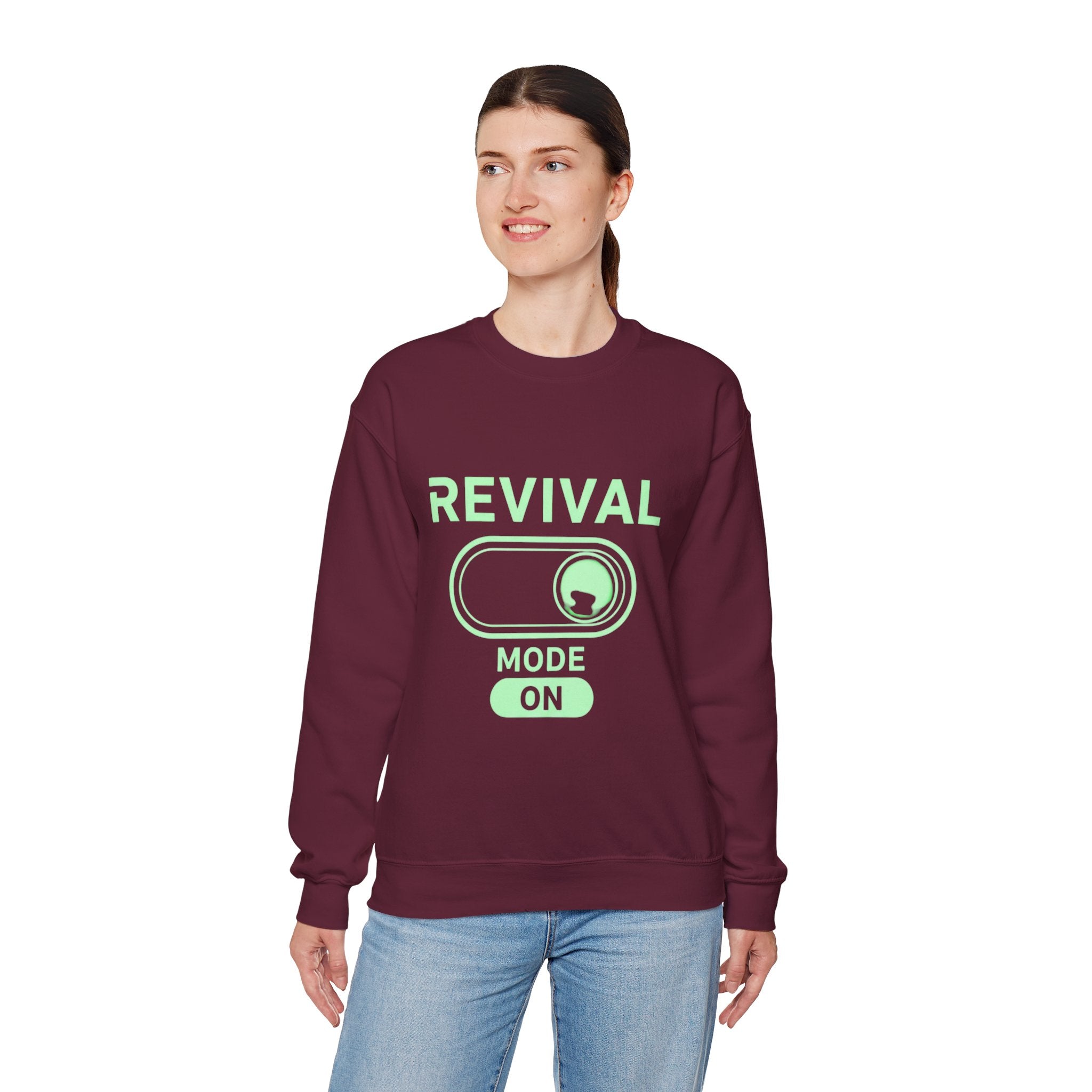 🔥 Revival Mode: ON – Christian Techwear Sweatshirt | Glowing Green Faith Switch | Futuristic Jesus Shirt | Activate Your Spiritual Awakening | Uplifted Gear Printify