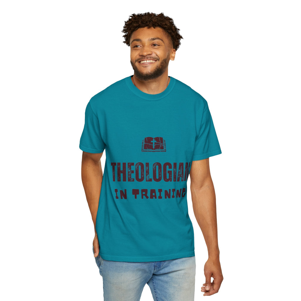 Theologian in Training T-Shirt – Open Bible & Cross Christian Tee for Faithful Learners Printify