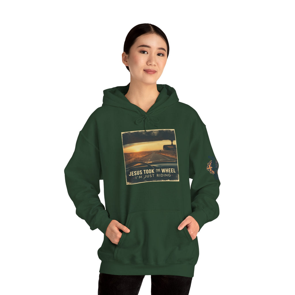 Jesus Took the Wheel I'm Just Riding Hoodie – Funny Christian Convertible Car Sweatshirt for Surrendered Faith & Humor Printify