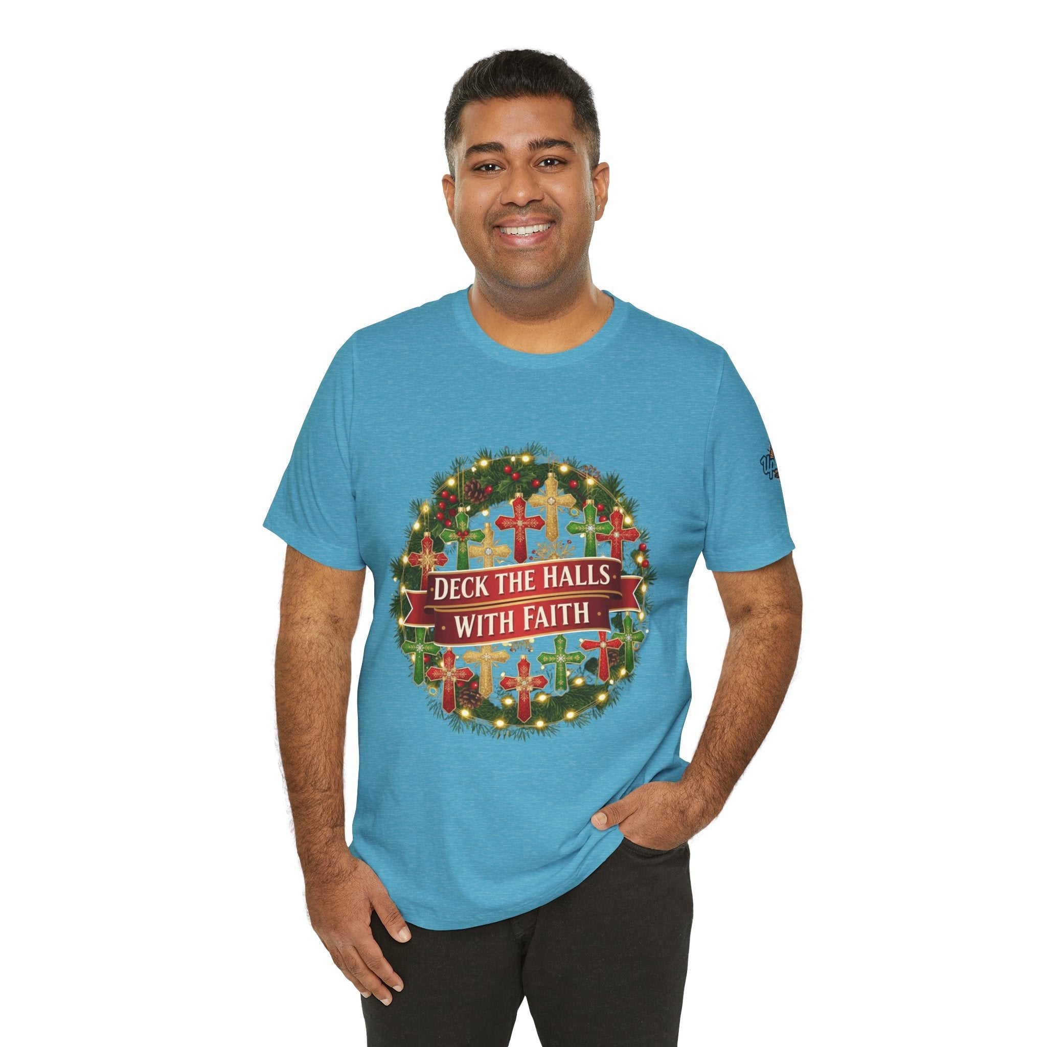 🎄 Deck the Halls with Faith – Christian Christmas T-Shirt | Cross Ornament Design & Festive Garland | Bold Holiday Faith Tee by Uplifted Gear Printify