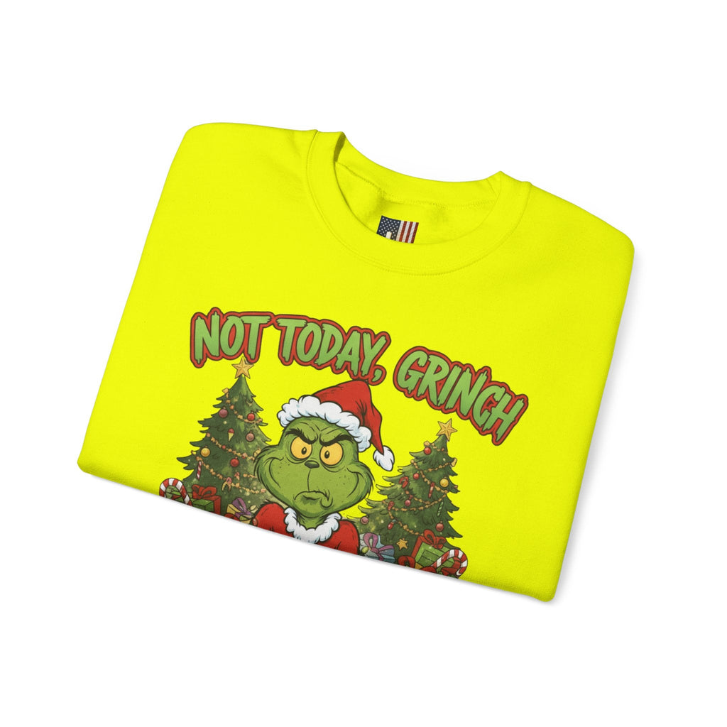 🎄 Not Today, Grinch – Jesus Saves | Funny Christian Christmas Sweatshirt | Sulking Grinch & Glowing Cross | Bold Neon Faith Tee by Uplifted Gear Printify
